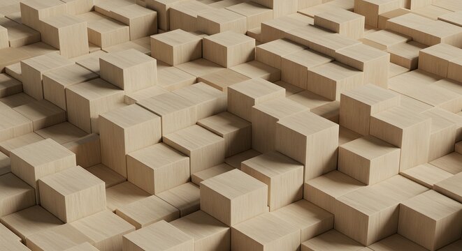 Abstract Wooden Blocks Background Texture - 3D Rendered Cubes, Geometric Pattern, Natural Wood Grain