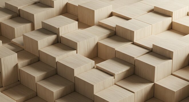 Wooden Cube Pattern Background, Abstract Geometric Design, Light Wood Texture