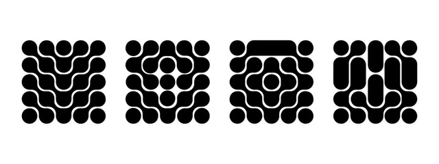 Wall Mural - Set of metaball patterns. Black connected liquid drops or morph dot shapes isolated on white background. Organic blobs or molecules textures. Modern abstract print. Vector graphic illustration.