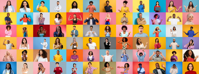 Poster - A vibrant collection of portraits features diverse individuals expressing various lifestyles and emotions against bright, solid backgrounds.
