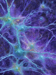 Poster - Abstract, vibrant fractal design in purple and teal. Evokes networks, connections, and complex systems. Use for science, tech, or conceptual backgrounds.
