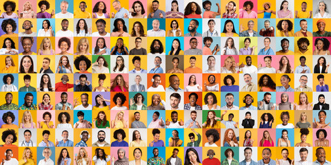 Poster - A lively collage features a variety of portraits of multiracial individuals against colorful backgrounds.