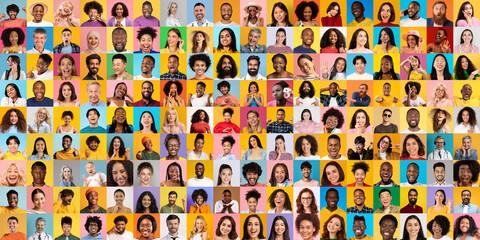 Poster - A vibrant collage featuring diverse individuals representing multiethnic backgrounds. Each person displays a unique expression of joy, celebrating cultural diversity and connection.