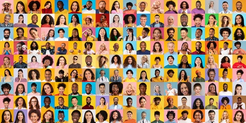 Poster - This vibrant collage features diverse individuals from various backgrounds, all smiling and expressing joy.