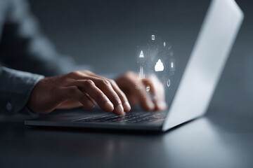 Poster - Person typing on laptop with digital overlay representing cloud computing and data management. Showcases technology and connectivity.