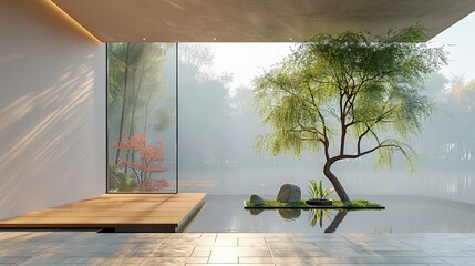 Poster - Tree growing in pond with rocks and plants in modern space