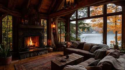 Poster - A cozy wooden cottage with a fireplace and large windows offering views of a serene lake and forest in autumn colors