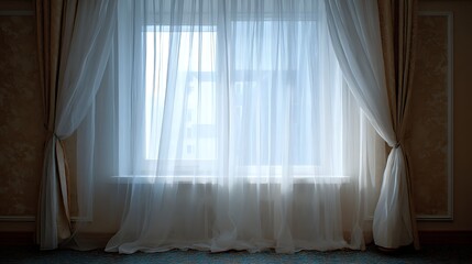 Poster - A temporary white curtain hangs in front of a window, gently swaying in the breeze, the soft fabric partially obscures the view outside, adding a touch of privacy to the room