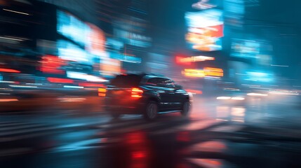 Fototapete - A suv rushes at high speed through the streets of the night city