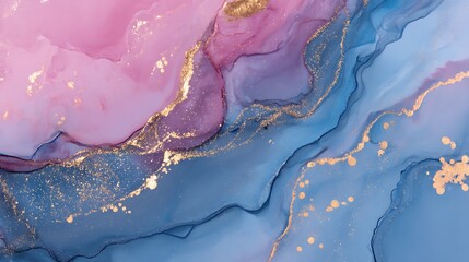 Poster - Abstract pink and blue marble liquid texture with gold splashes, luxury background