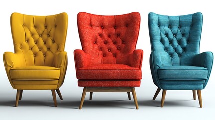 Poster - Collection set of red blue and yellow retro vantage armchairs cutouts single seat sofas isolated