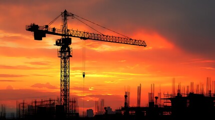 Poster - Crane and building construction site on sunset daytime