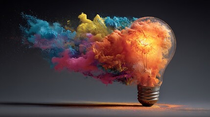 Poster - Creative light bulb explodes with colorful paint and colors, new idea, brainstorming concept