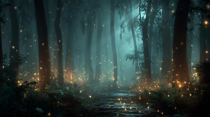 Poster - Dark magical fairy tale forest background with glowing lights