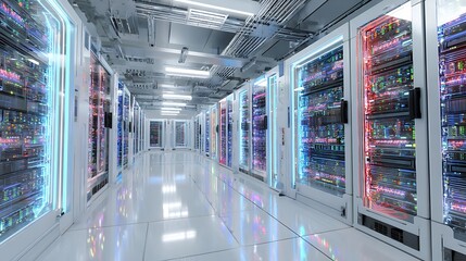 Aufkleber - Data center server room, network communication, colorful neon server racks, and telecommunication equipment, optical fiber in a cutting-edge technology background