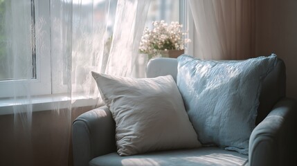 Poster - Easy and comfort home lifesyle simple and minimal decorating soft comfort pillow armchair with daylight from window home interior design concept background