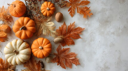 Aufkleber - Fall background with orange pumpkins and fall leaves on a light surface