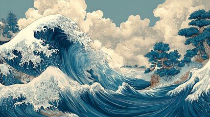 Aufkleber - Great wave in ocean as japanese style illustration wallpaper