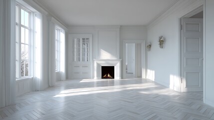 Aufkleber - Illustration mock up of a contemporary classic white vacant home with herringbone parquet