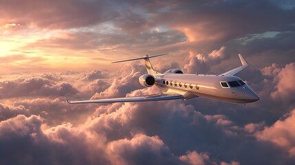 Poster - Luxury private jet flying above the clouds, beautiful sunset on background, travel and airplane concept