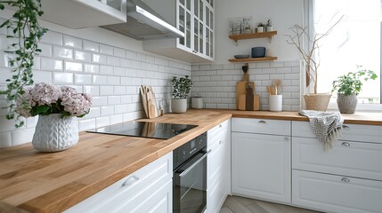 Poster - Modern white kitchen with a wooden worktop and scandinavian style accessories