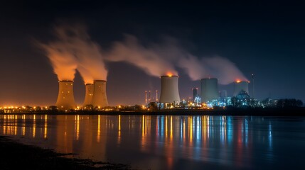 Poster - Nuclear power plant at night with chimneys and cooling towers, industrial landscape