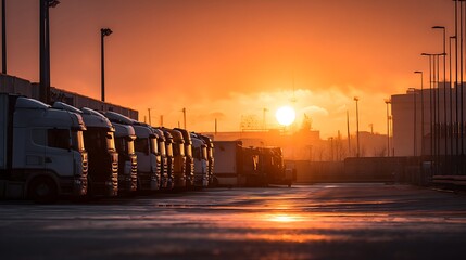 Poster - Parked trucks in front of bright sunrise