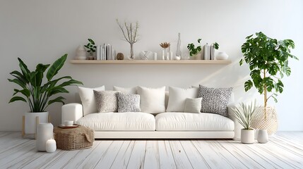 Aufkleber - Scandinavian minimalistic home light white interior with green plant