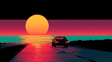 Aufkleber - Summer vibes 80s style illustration with car driving into sunset