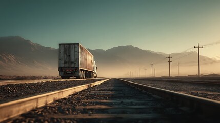 Poster - Truck on the track, motorway, sunrise or sunset, the car makes international cargo transportation