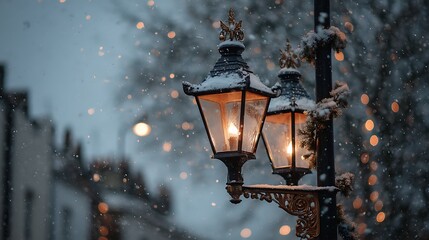 Poster - A charming street lamp adorned with festive decorations glows warmly amidst falling snowflakes, creating magical winter atmosphere filled with colorful bokeh lights