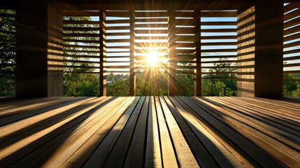 Poster - Calm morning ambiance with sunlight through slats, sky glowing with peaceful clarity