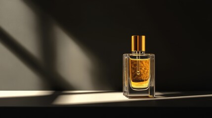 Aufkleber - Amber glass container with shiny gold dropper cap in a clean studio with moody shadows