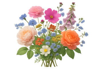 Poster - Vibrant floral arrangement featuring blooming roses, cosmos, and foxgloves, displayed against transparent backdrop