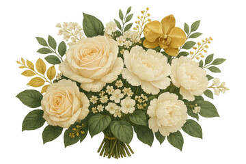Poster - Luxurious wedding bouquet displaying pristine white roses, soft peonies, golden orchid accents, and airy filler flowers against transparent backdrop