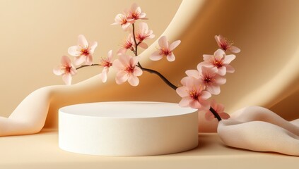 Fototapete - In an abstract 3D rendering, a white podium serves as the backdrop for cosmetics and product presentation