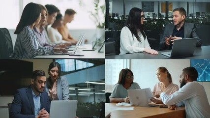 Poster - A diverse team of professionals engages with laptops and computers, collaborating on software projects in a bright, modern office environment. The atmosphere is dynamic and productive.
