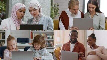 Poster - Four groups of diverse individuals gather around laptops, engaged in collaborative activities focused on technology and software.