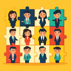Leinwandbilder - Business Teamwork Concept. Vector illustration in flat style of puzzle pieces with different people in business suits in each, performing various work tasks. Isolated on background
