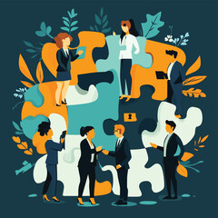 Leinwandbilder - Business Teamwork Concept. Vector illustration in flat style of puzzle pieces with different people in business suits in each, performing various work tasks. Isolated on background