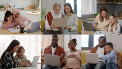 Poster - Groups of diverse individuals share joyful moments while using laptops in various settings. They connect over technology, showcasing collaboration and family bonds in a lively atmosphere.