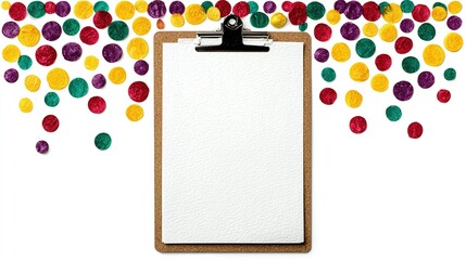 Poster - Clipboard with blank paper surrounded by colorful confetti.