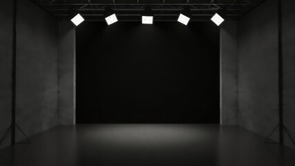 Poster - Dimly Lit Studio Space with Black Backdrop and Multiple Lights for Photography or Videography Production