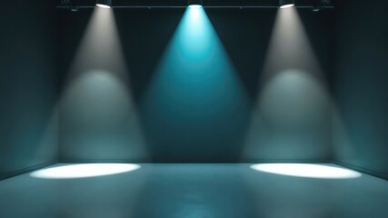 Poster - Empty interior studio room with smooth concrete floor, with lights shining down from above for presentation or showcase