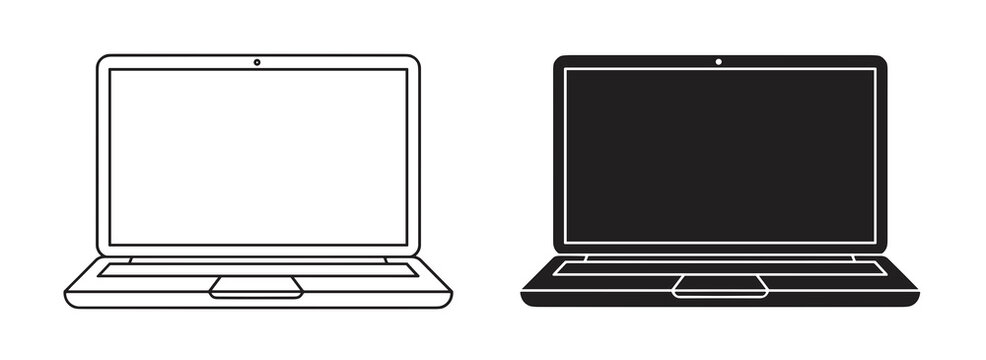 Illustration of two laptops one in outline style and one in solid black color on a white background