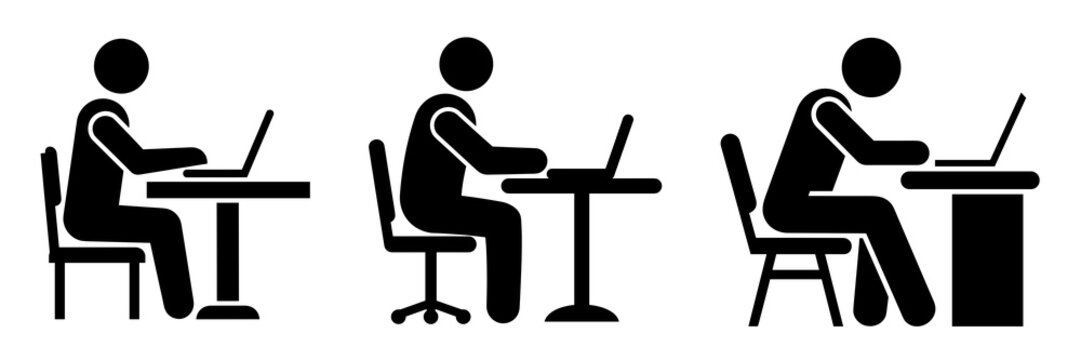 Three stick figures working at desks with laptops showing different postures and chair types at work