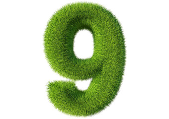 Fototapete - Grass font 3d rendering number 9 isolated on a transparent or white background