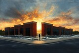 A solitary figure walks through rising water at a flooded street intersection between two rows of tall brick buildings during a dramatic sunset with vivid orange and blue clouds