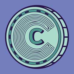 Poster - Abstract coin illustration featuring bold letter c on a purple background