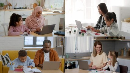 Poster - In a brightly lit room, diverse individuals work together on laptops. Adults and children collaborate on projects, showcasing creativity and communication amidst a lively atmosphere.